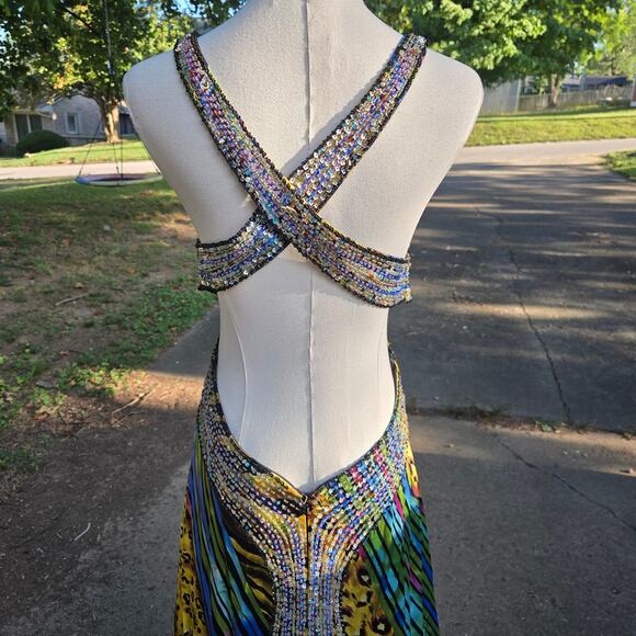 Cache Vtg 90s Y2K Fairy Silk Seqins Evening Gown 8 Multicolor Print Maxi Dress - Picture 5 of 12